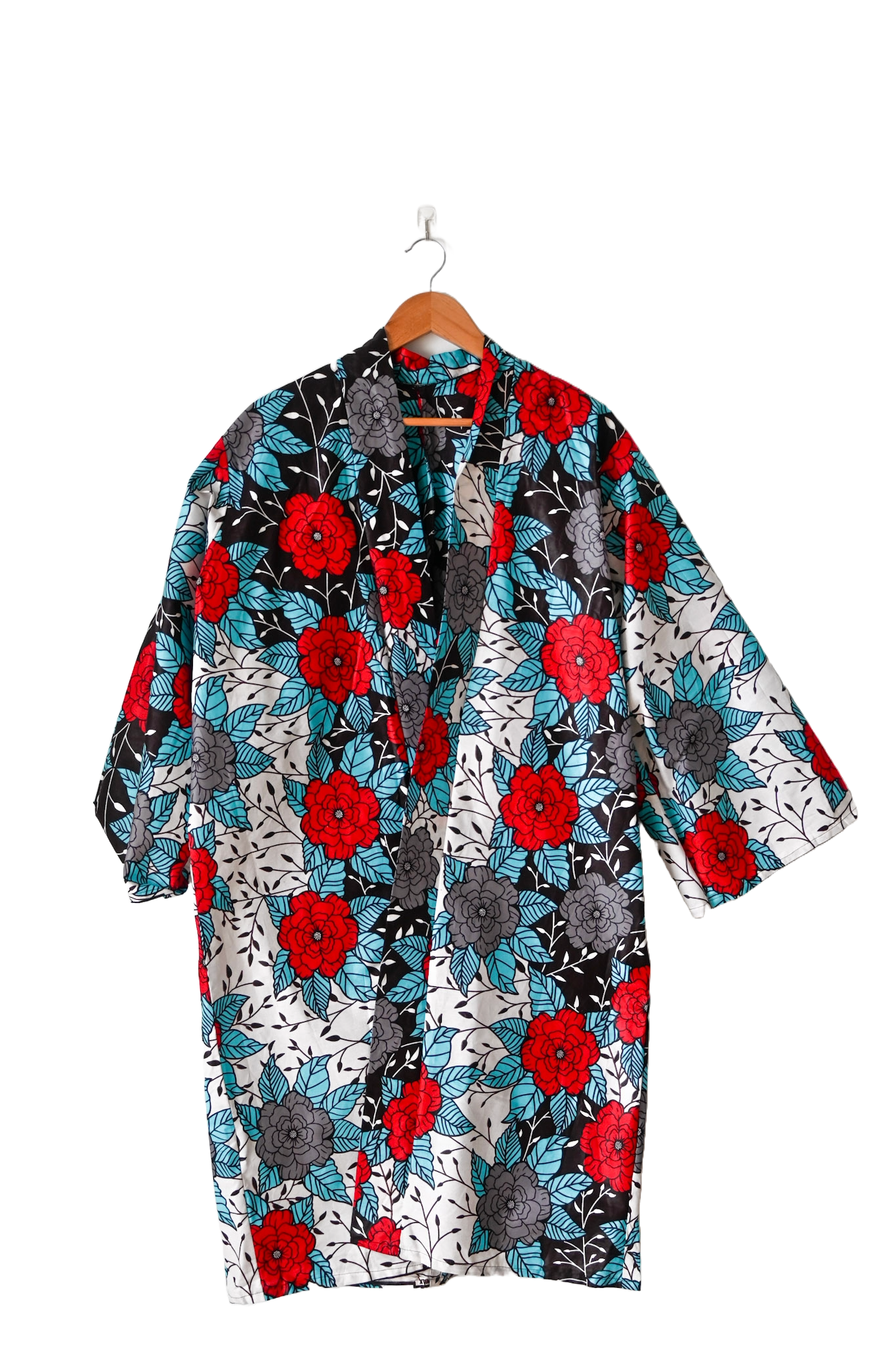 Kimono long en tissus Wax - Taille Unique - Blanc - Motif africain