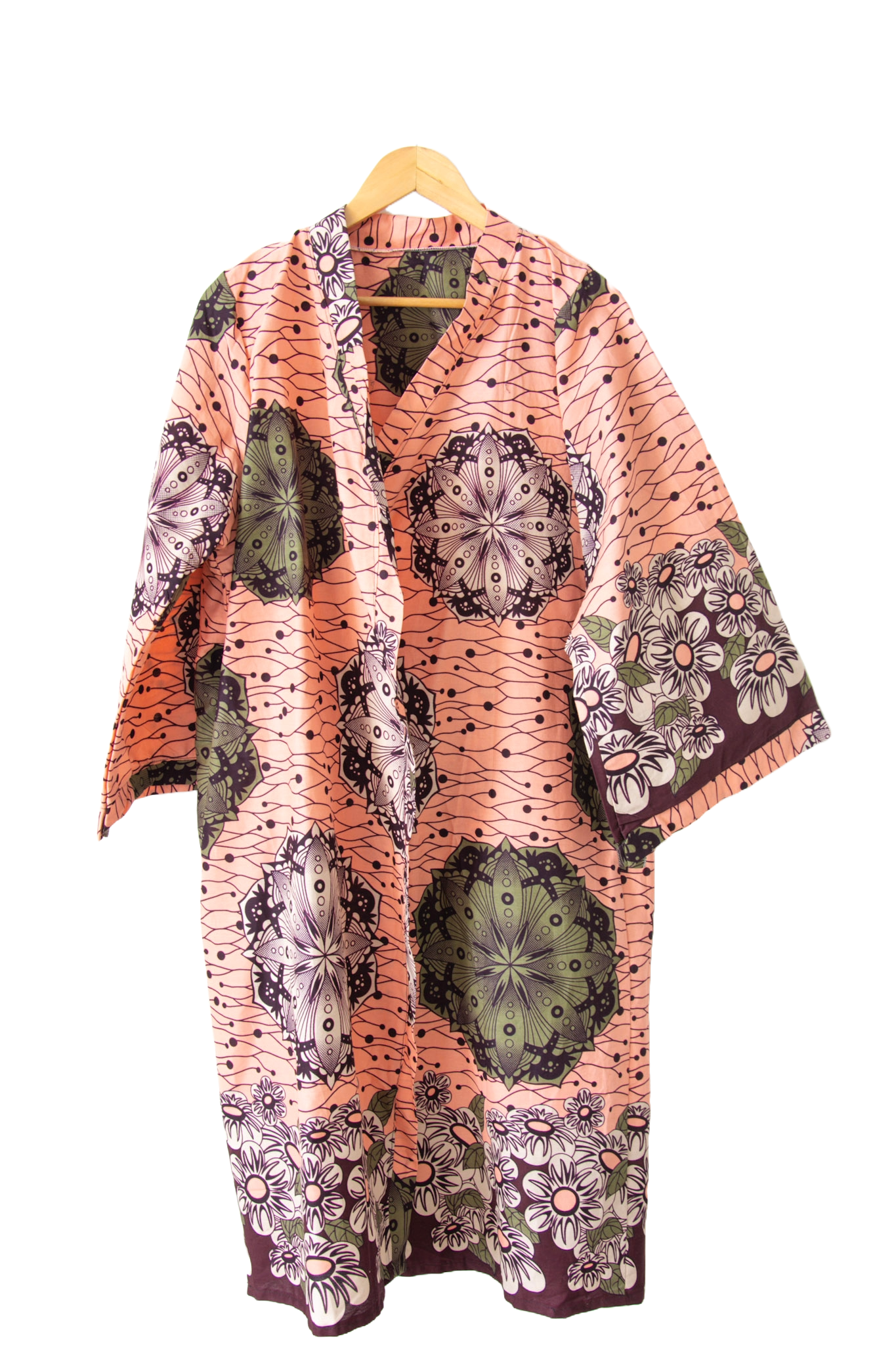 Long Kimono in Wax Fabric - One Size - Salmon - African Pattern