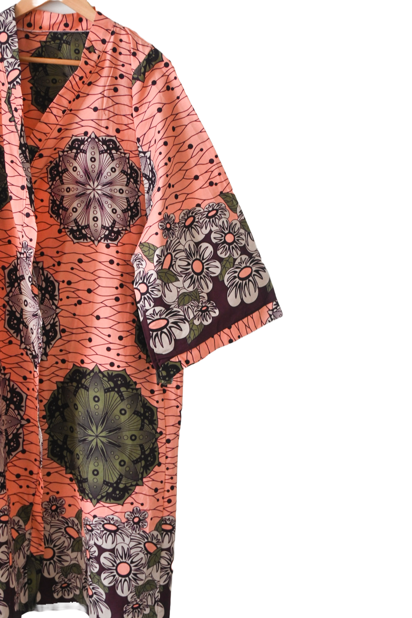 Long Kimono in Wax Fabric - One Size - Salmon - African Pattern