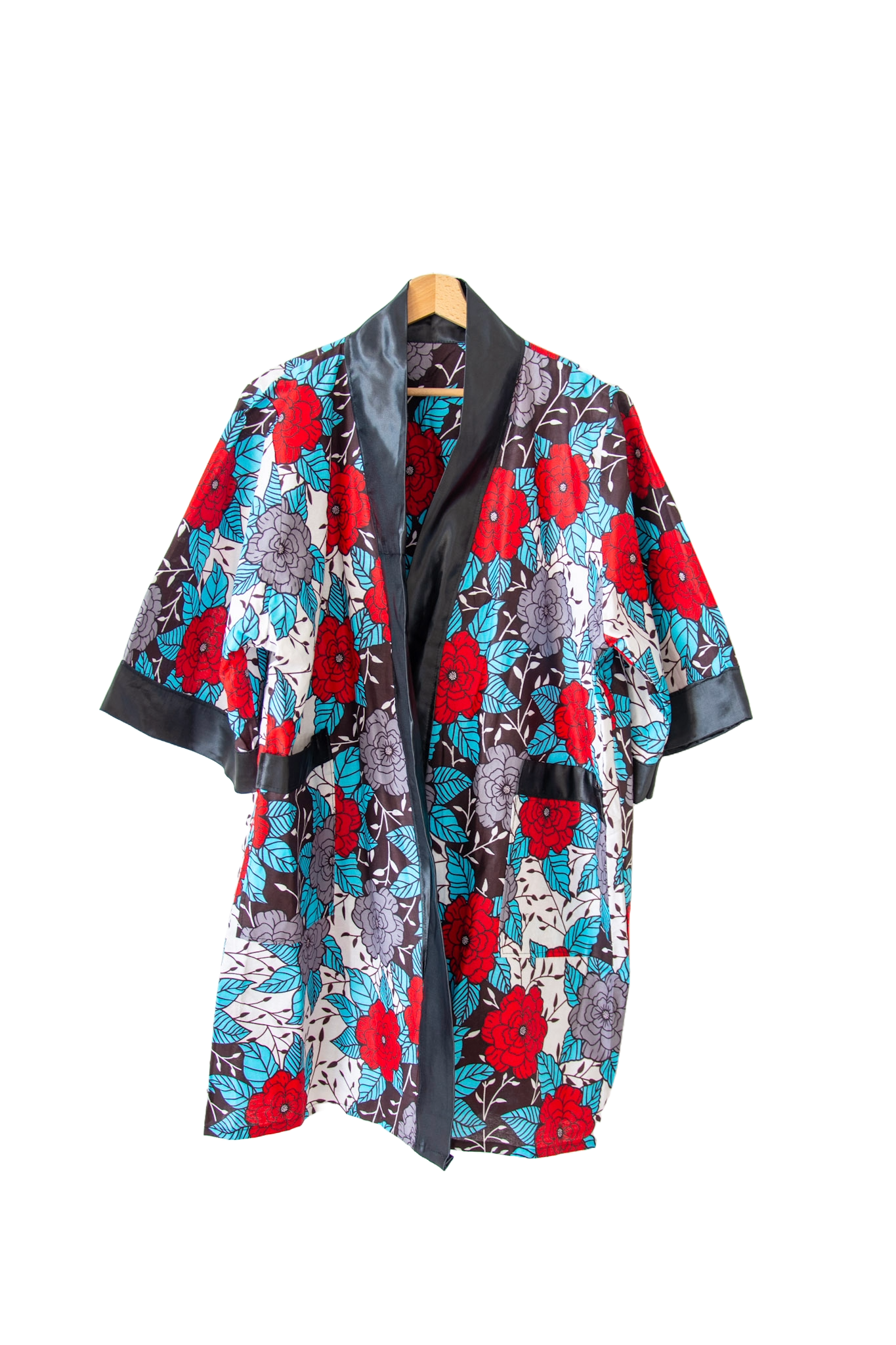 Long kimono in wax fabric - One size - White - African pattern - black collar
