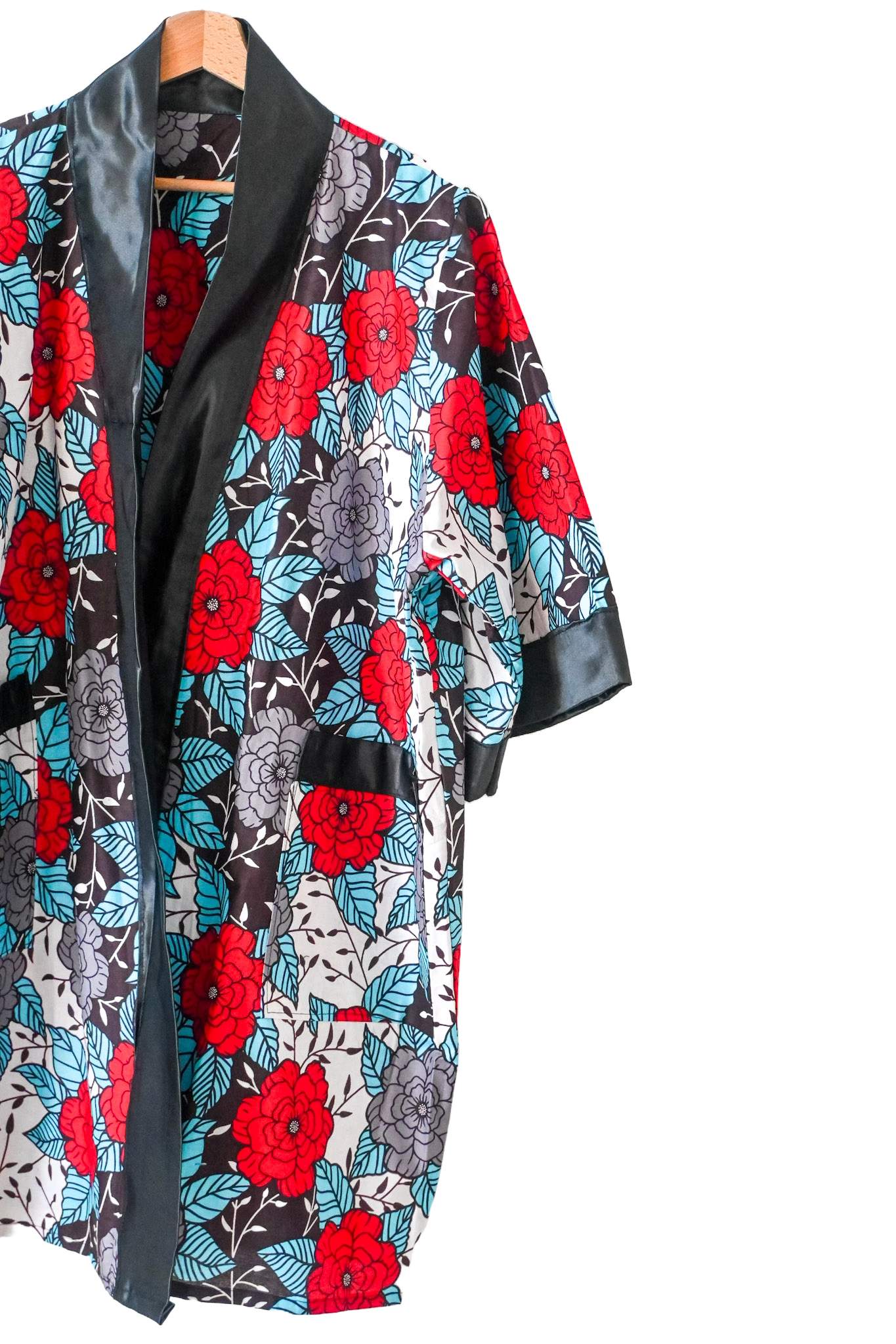 Long kimono in wax fabric - One size - White - African pattern - black collar