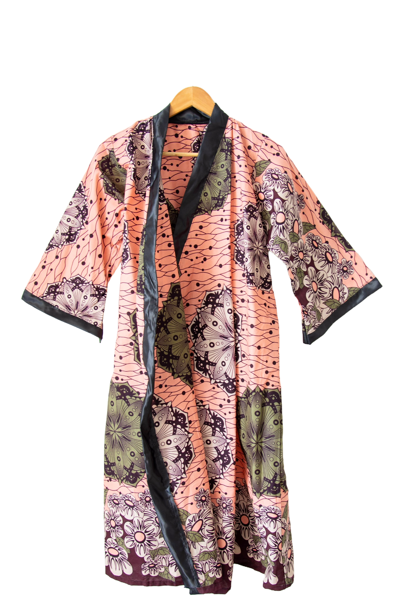 Long kimono in wax fabric - One size - Salmon - African pattern - black collar