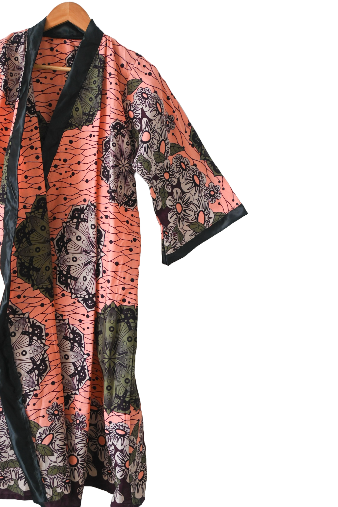 Long kimono in wax fabric - One size - Salmon - African pattern - black collar