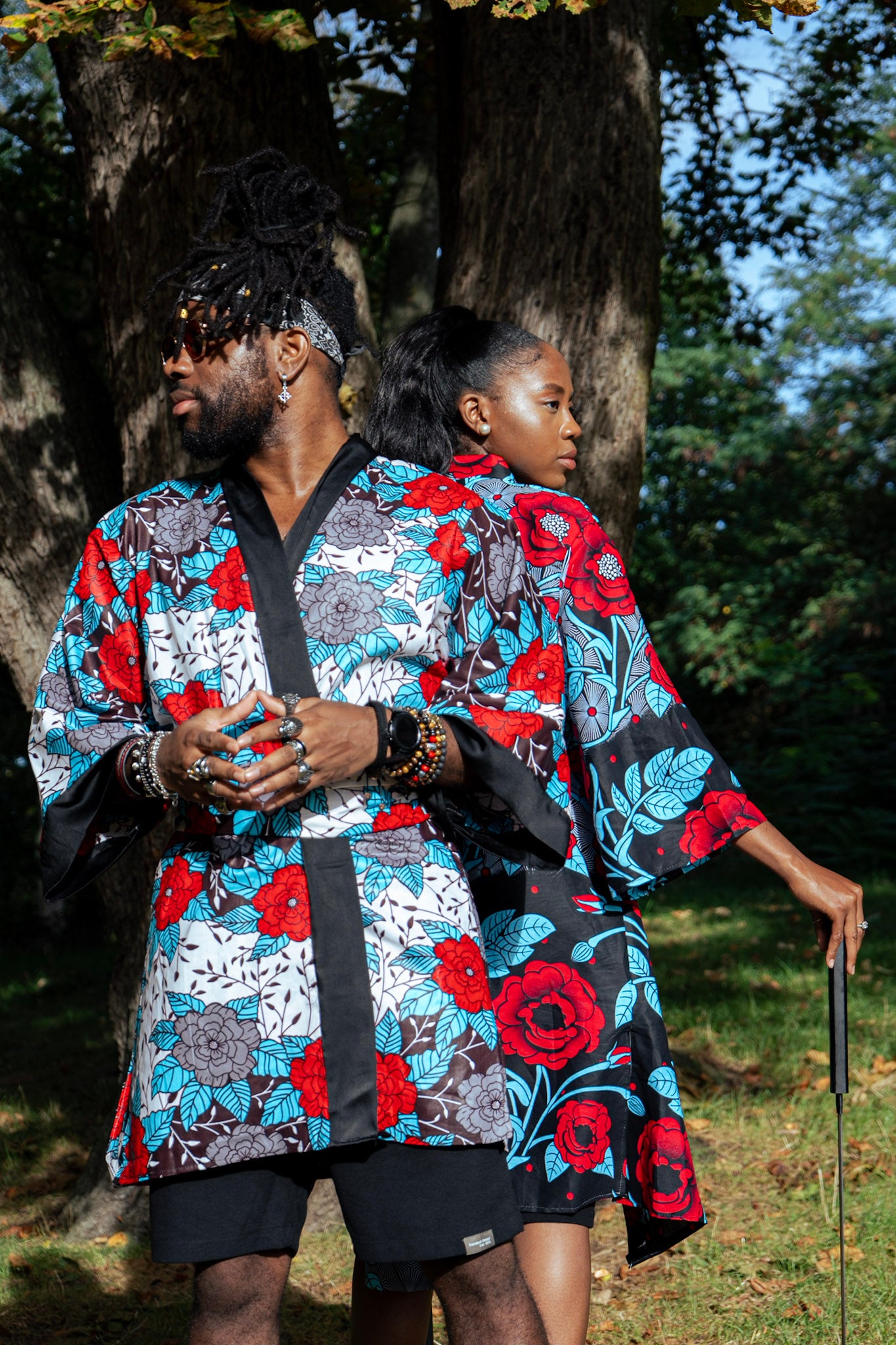 Long kimono in wax fabric - One size - White - African pattern - black collar