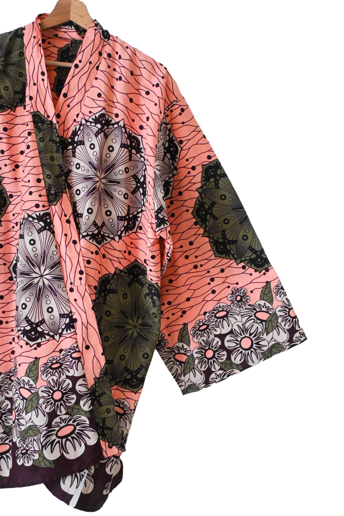 Short Kimono in Wax Fabric - One Size - Salmon - African Pattern