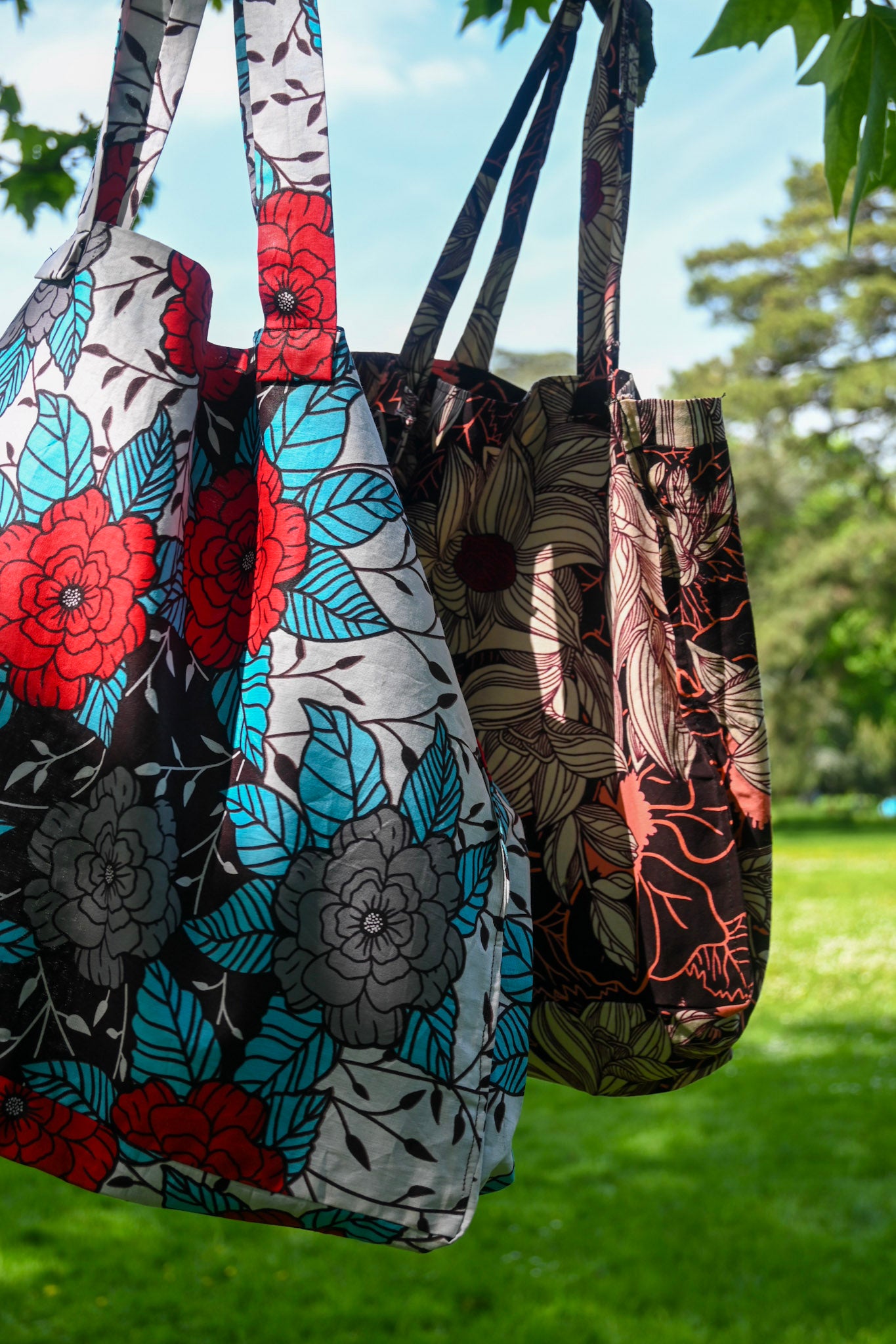 Tote bag en tissus Wax - Blanc - Motif Africain - Taille Large